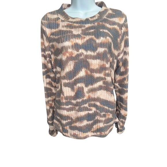 Democracy Large Top Brown Beige Stretch Rayon Ruched Sides and Cuffs Mock Collar - Picture 1 of 6